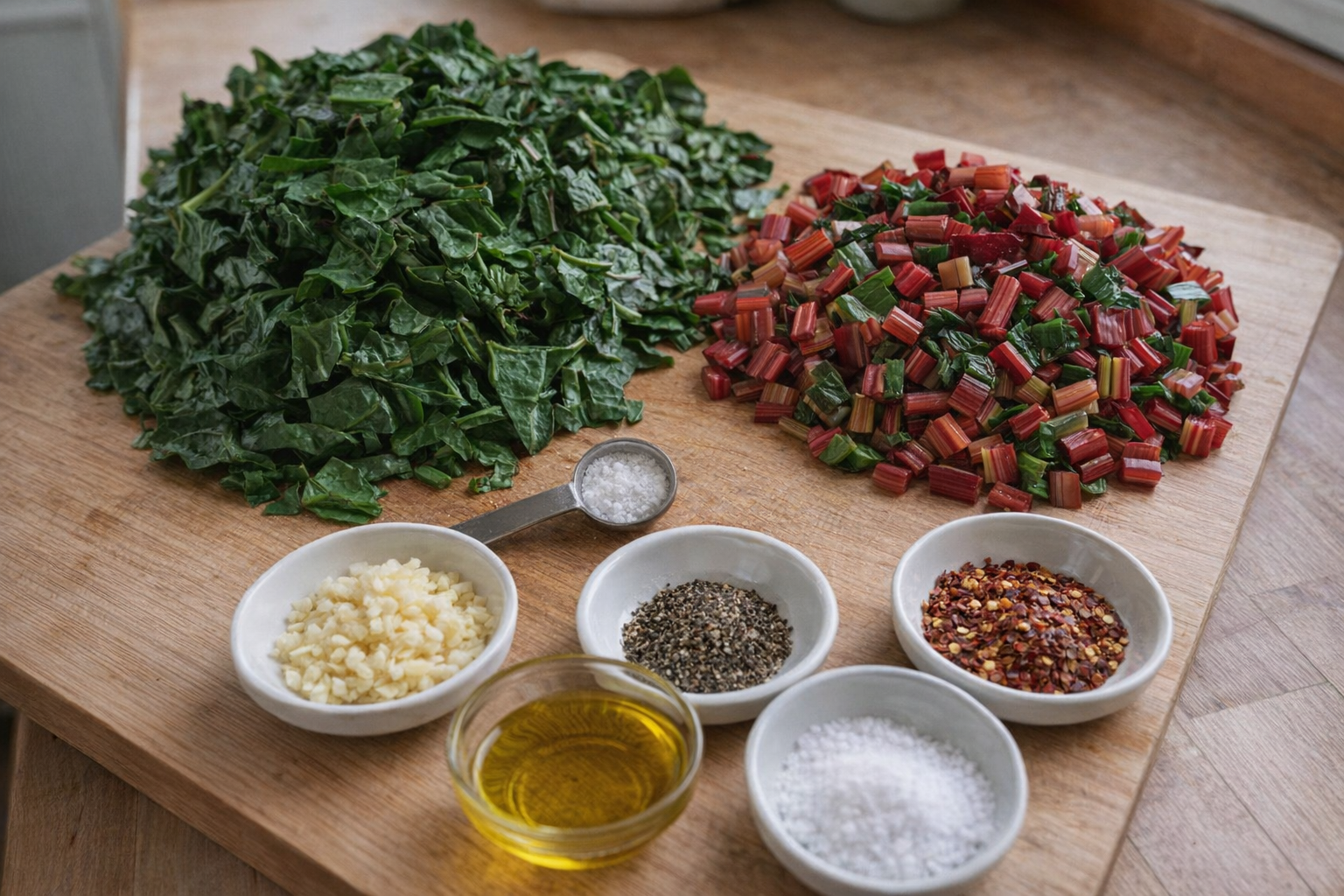 An overhead shot of prepped ingredients for sauteed chard: chopped chard leaves, chopped chard stems, minced garlic, olive oil, salt, pepper, and red pepper flakes on a wooden cutting board